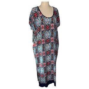 Tolani Dress Women's Size L Blue Pink 100% Silk Ikat Boho Caftan Maxi Dolman